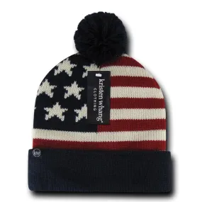 1 Dozen American USA Flag Stars Stripes Beanies Caps Hats Pom Pom Wholesale Lot Bulk