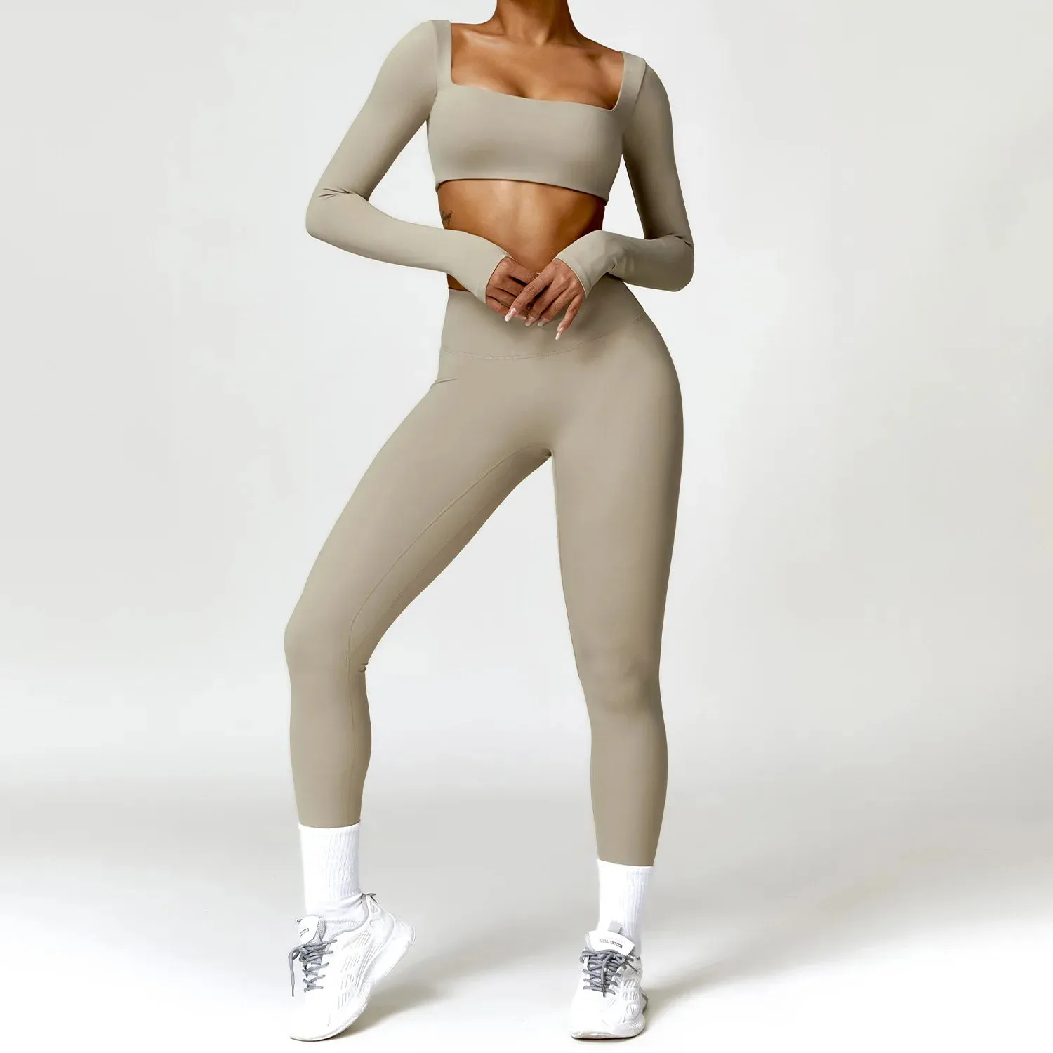 2PCS Yoga Suit Sports Set  Quick-Drying Gym Set  Tracksuit Running Workout Long Sleeve Sports Shirt for Women