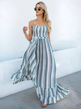 BerryBetty - Blue Backless Striped Maxi Dress