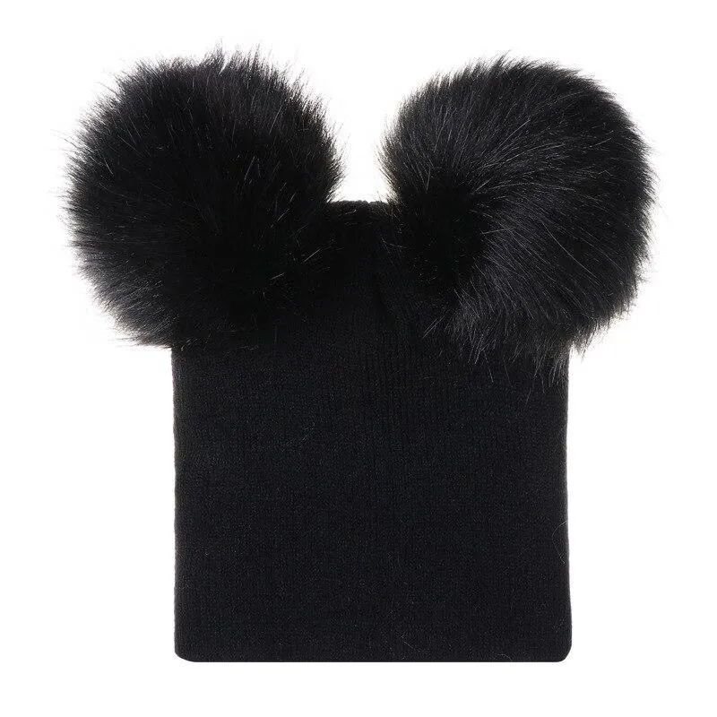 Kids/Baby Unisex Cute Winter Warm Double Faux Fur Pompom Caps Beanies