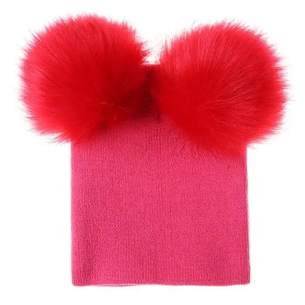 Kids/Baby Unisex Cute Winter Warm Double Faux Fur Pompom Caps Beanies