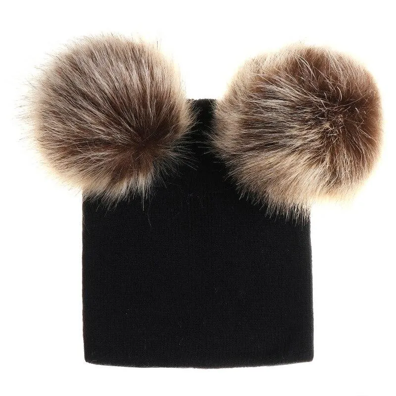 Kids/Baby Unisex Cute Winter Warm Double Faux Fur Pompom Caps Beanies