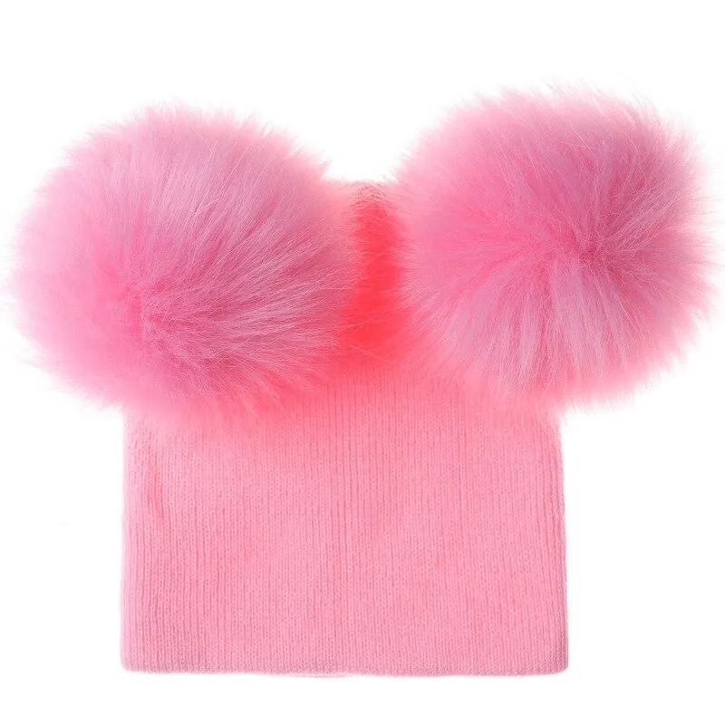 Kids/Baby Unisex Cute Winter Warm Double Faux Fur Pompom Caps Beanies