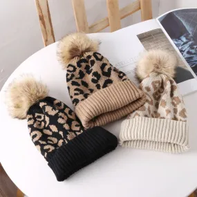 Leopard Knitted Hats Autumn Winter Beanie Hats For Men Women Outdoor Winter Hat Thicken Warm Cap Boy Girls Trendy Pom Pom Hat