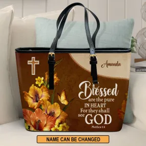 Matthew 58 Blessed Are The Pure In Heart Personalized Large Leather Tote Bag Flower And Butterfly - Christian Inspirational Gifts For Women