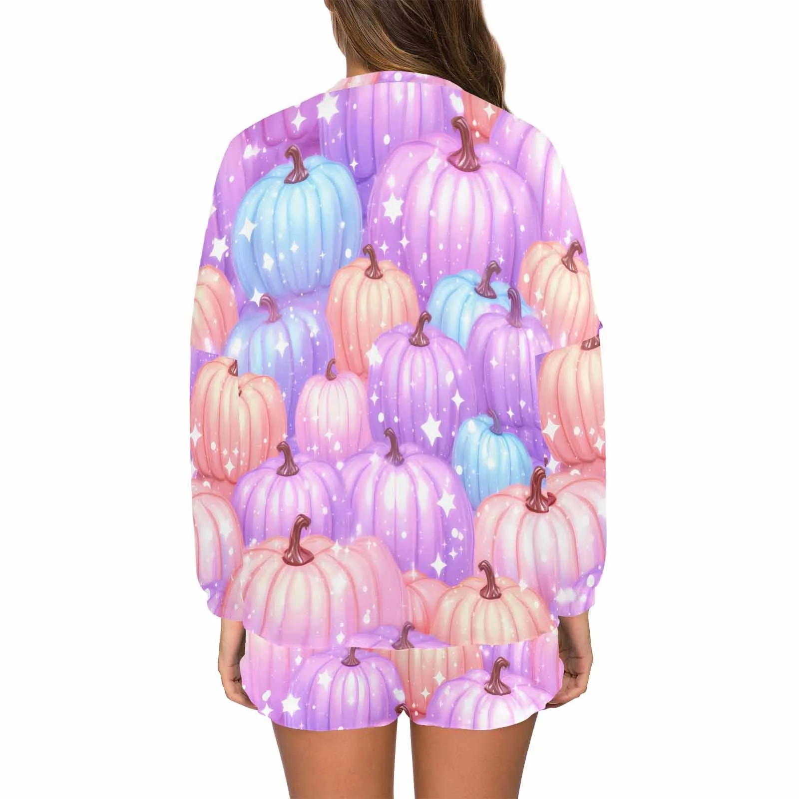 Pastel Pumpkin  Women's Long Sleeve Pajama Set with Shorts