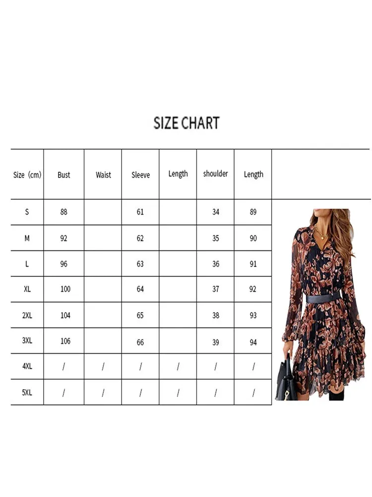 Print Pleated V-neck Long Sleeve Ruffled A-line Wrapped Spring Vacation Summer Floral Dress