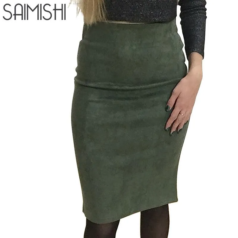 Super Deals Fashion Women Suede Solid Color Pencil Skirt Female Spring Autumn Basic High Waist Bodycon Split Knee Length Skirts