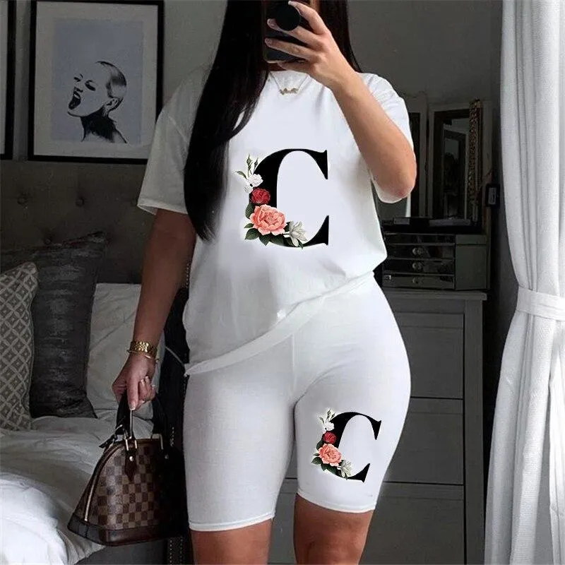 Women Letter Print Design Short Sleeve T Shirts and Shorts  Casual Joggers Set