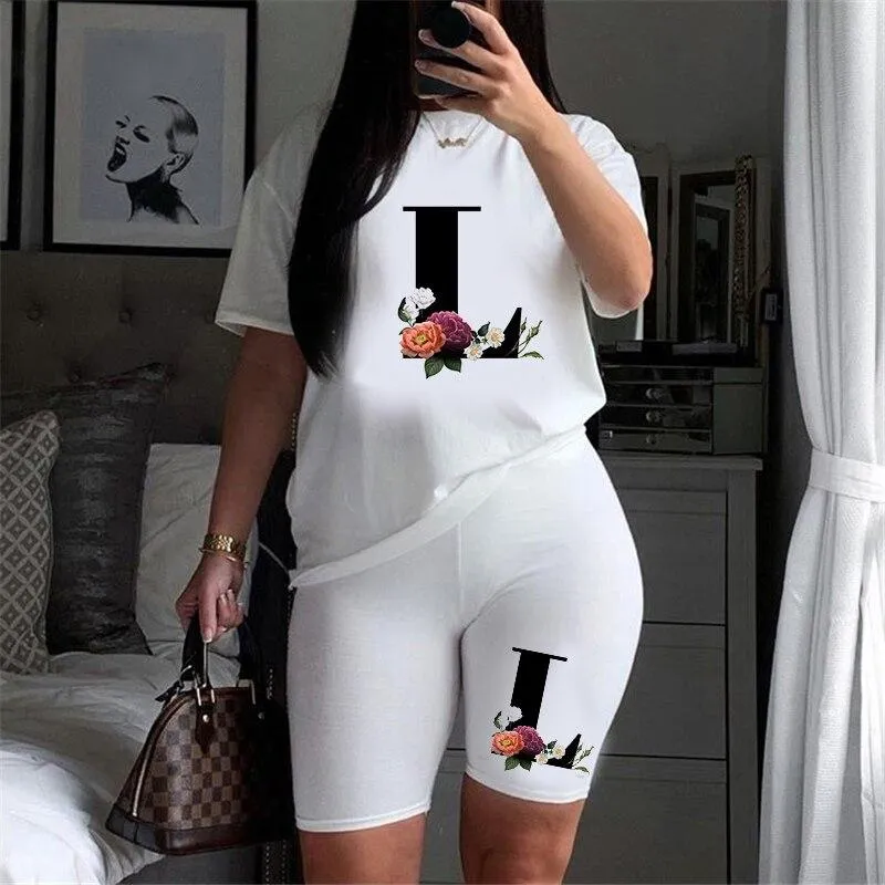 Women Letter Print Design Short Sleeve T Shirts and Shorts  Casual Joggers Set