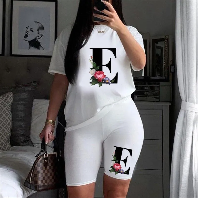 Women Letter Print Design Short Sleeve T Shirts and Shorts  Casual Joggers Set