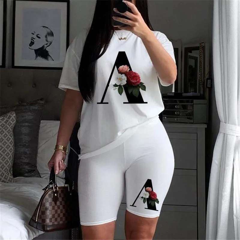 Women Letter Print Design Short Sleeve T Shirts and Shorts  Casual Joggers Set