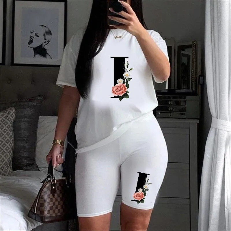 Women Letter Print Design Short Sleeve T Shirts and Shorts  Casual Joggers Set